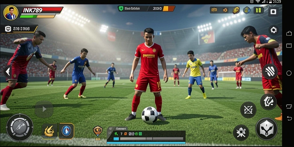 Screenshot gameplay INK789 menunjukkan aksi seru di lapangan sepak bola.