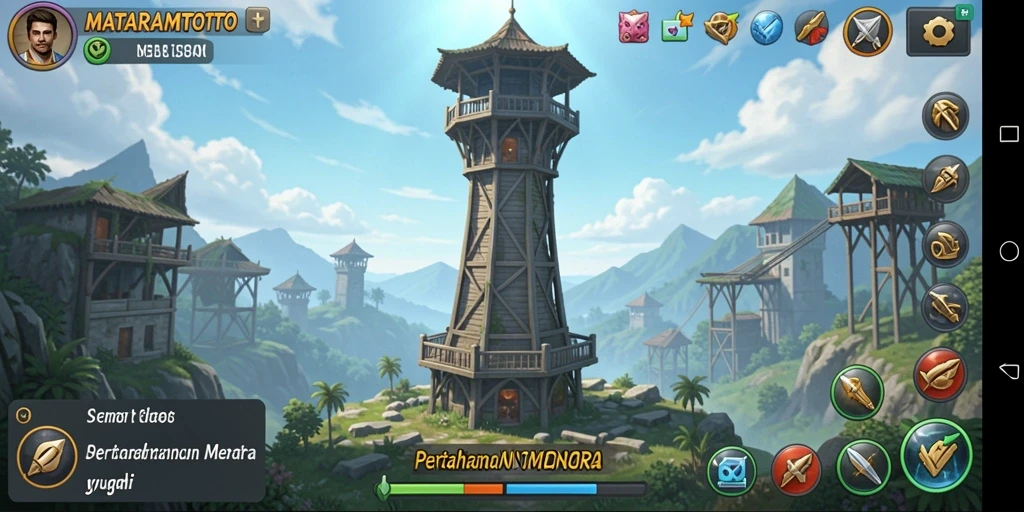 Tampilan gameplay MATARAMTOTO dengan menara berfungsi dan serangan musuh yang intens.