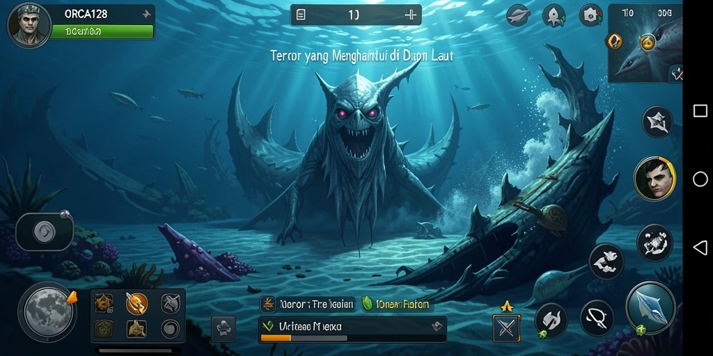 Screenshot ORCA128 menampilkan momen menegangkan di kedalaman laut.