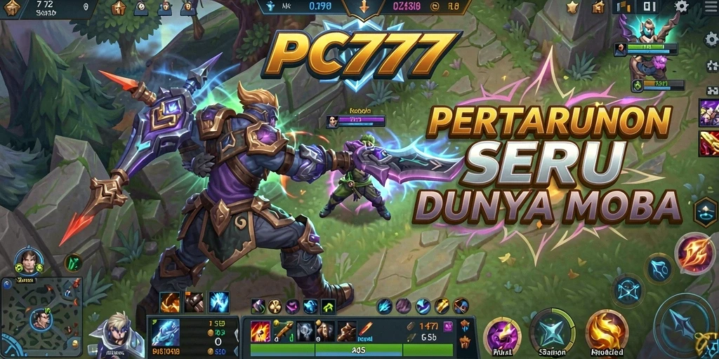 UI dan aksi gameplay MOBA yang intens dalam PC777.