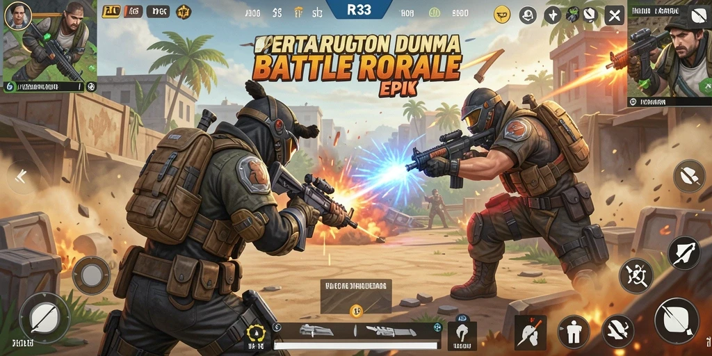 Screenshot gameplay RR33 menampilkan pertarungan intens Battle Royale.