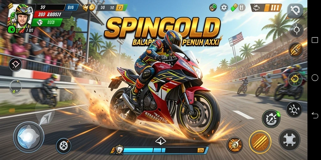 Tampilan gameplay SPINGOLD dengan aksi balapan motor yang intens.
