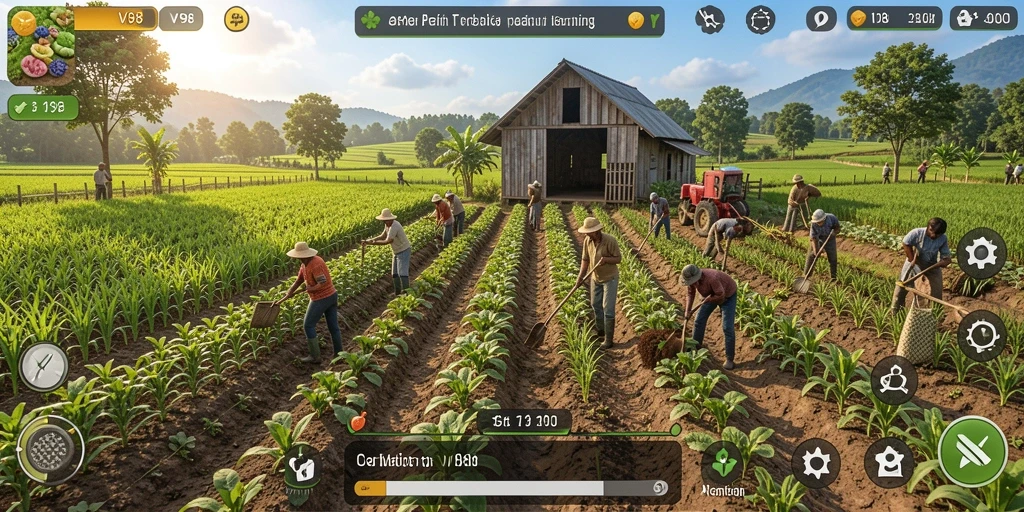 Tampilan menarik dari gameplay V98 yang penuh warna dan aktivitas pertanian.